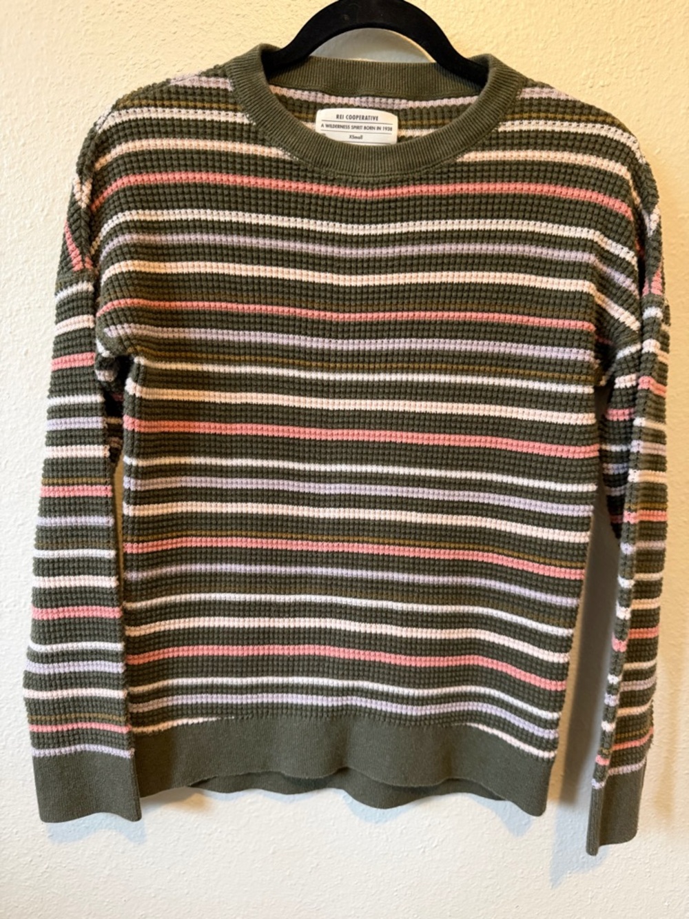 REI Co-op Striped Waffle Knit Sweater Women's XS 100% Cotton Olive Green Pink